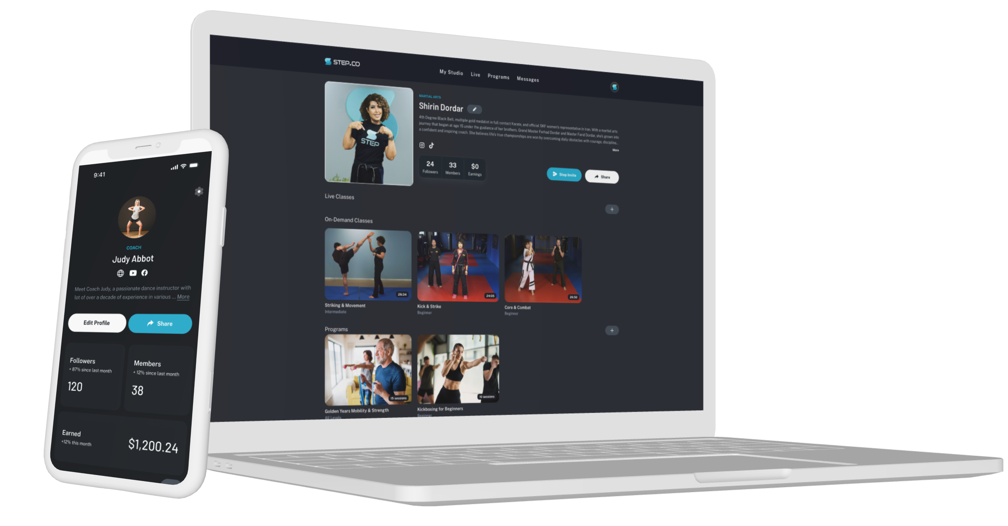 Step.co instructor studio interface showing workout management tools